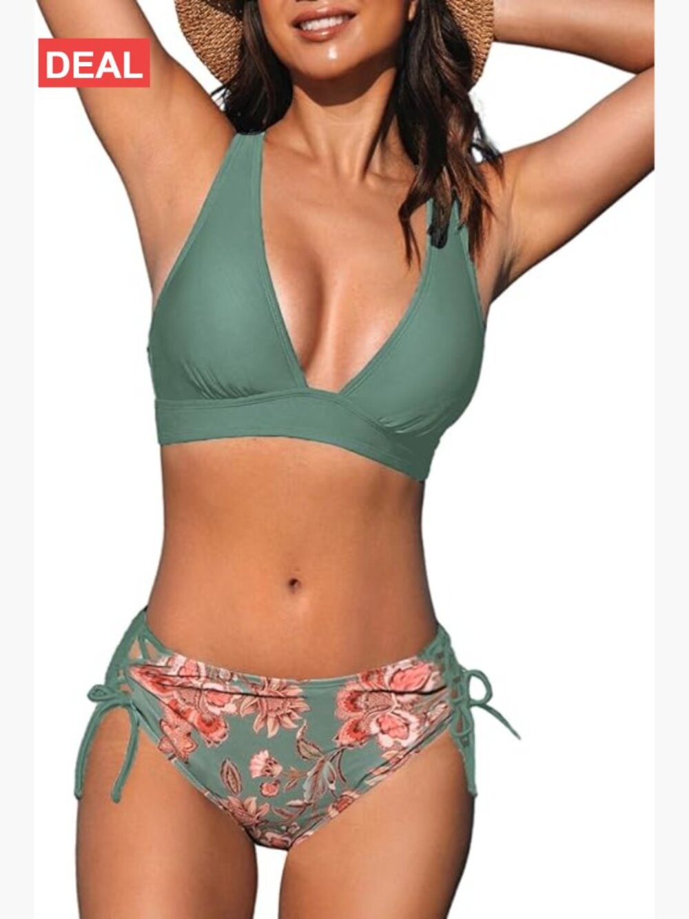 Two Piece Swimsuit Triangle Top Wide Straps Cross Back Lace Up Mid Rise Bikini